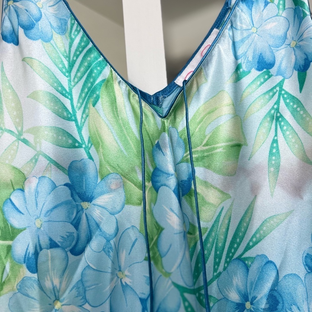Oscar de la Renta Blue and Green Floral Satin Slip Dress - Picture 2 of 5